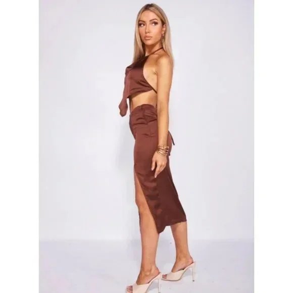 Brown Satin Halter Neck Backless Handkerchief Top and Midi Skirt Two Piece Set - Picture 8 of 13